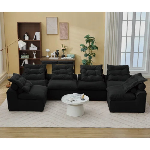 Modular black sofa with 6 seats, no armrests, DIY at will, corduroy fabric, neck pillow, rear porch sofa chair