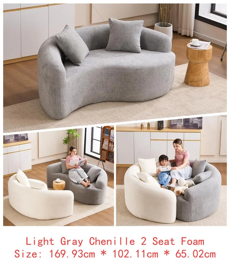 S-Curved Dual-Depth Loveseat, Compression Foam Sofa, Light Grey Chenille, Modular Design for Small Spaces, Max Load 400 lbs,