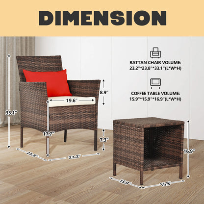 3 Piece Patio Conversation Bistro Set, Porch Balcony Furniture Set Outdoor Chat Furniture, Wicker Chairs and Storable Table Set