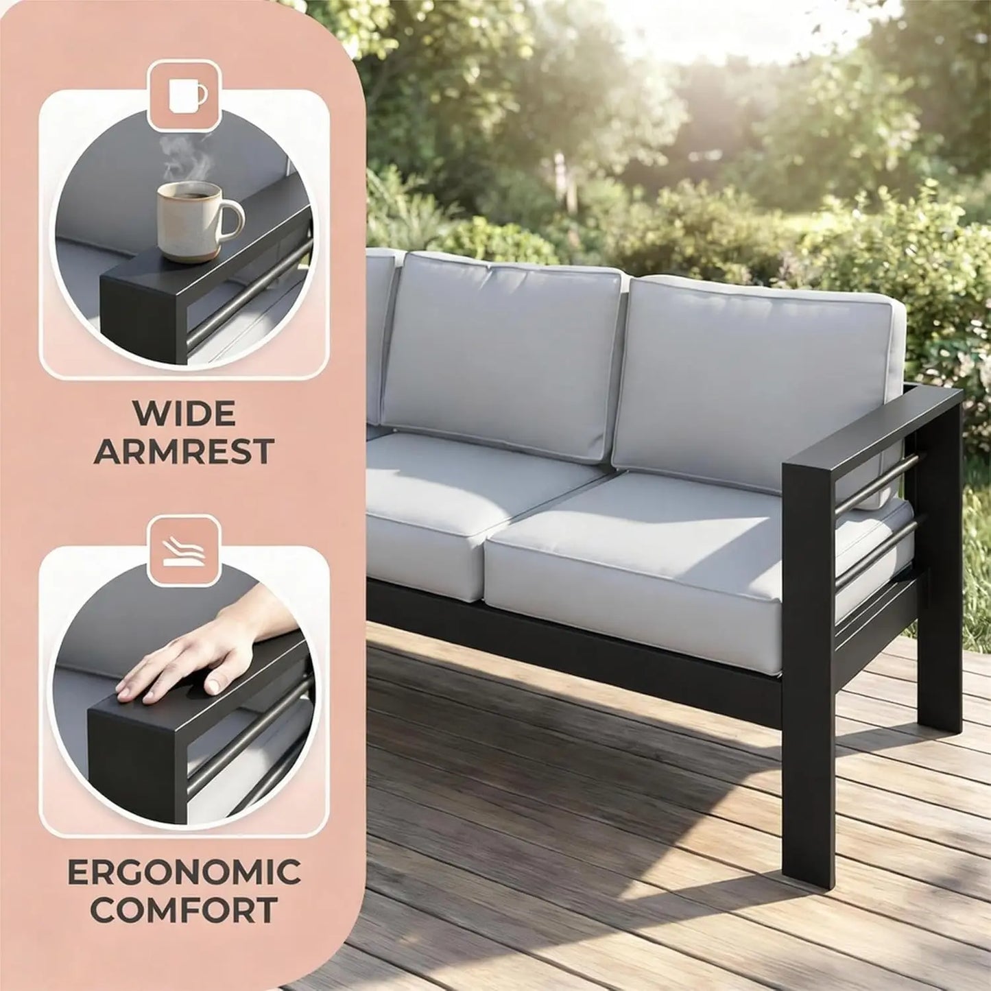 Outdoor Couch Aluminum Patio Furniture Sofa, 3 Seat All-Weather Metal Patio Couch With 5" Thick And Soft Cushion, Customized
