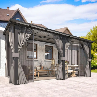 Hard Top Lean-to Gazebo Pergola Curtains & Netting Wall-Mounted Patio Deck Awning, Custom