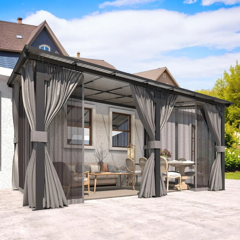 Hard Top Lean-to Gazebo Pergola Curtains & Netting Wall-Mounted Patio Deck Awning, Custom