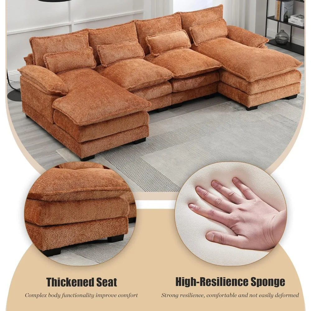 U-Shaped Sectional Couch, Modern Chenille Extra Large Modular Sofa with 4 Cushions,Memory Foam Funiture Set with Double Lounger