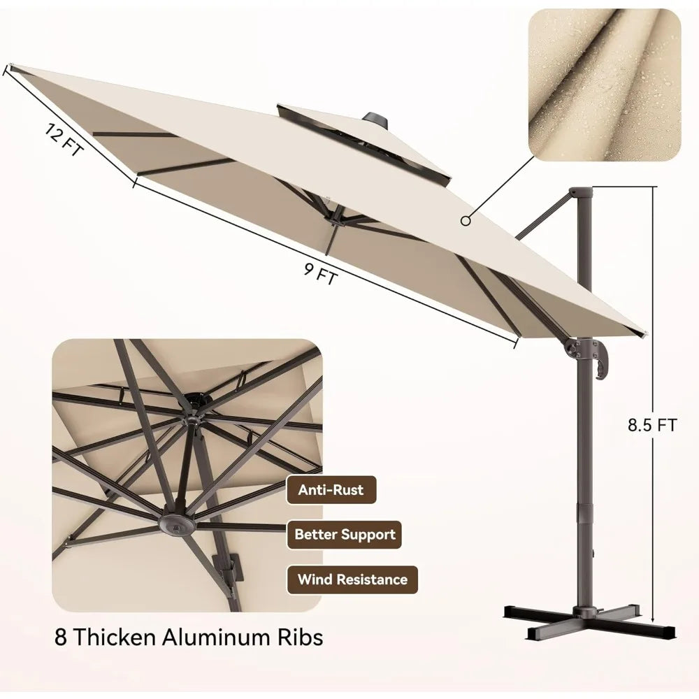 9x12 FT Patio Umbrella, Large Cantilever Rectangular Double Top Heavy Duty Offset Umbrellas with 360° Rotation, Outdoor shade