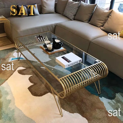 Modern Nordic Living Room Wrought Iron Rectangular Coffee Table Glass Coffee Table Set