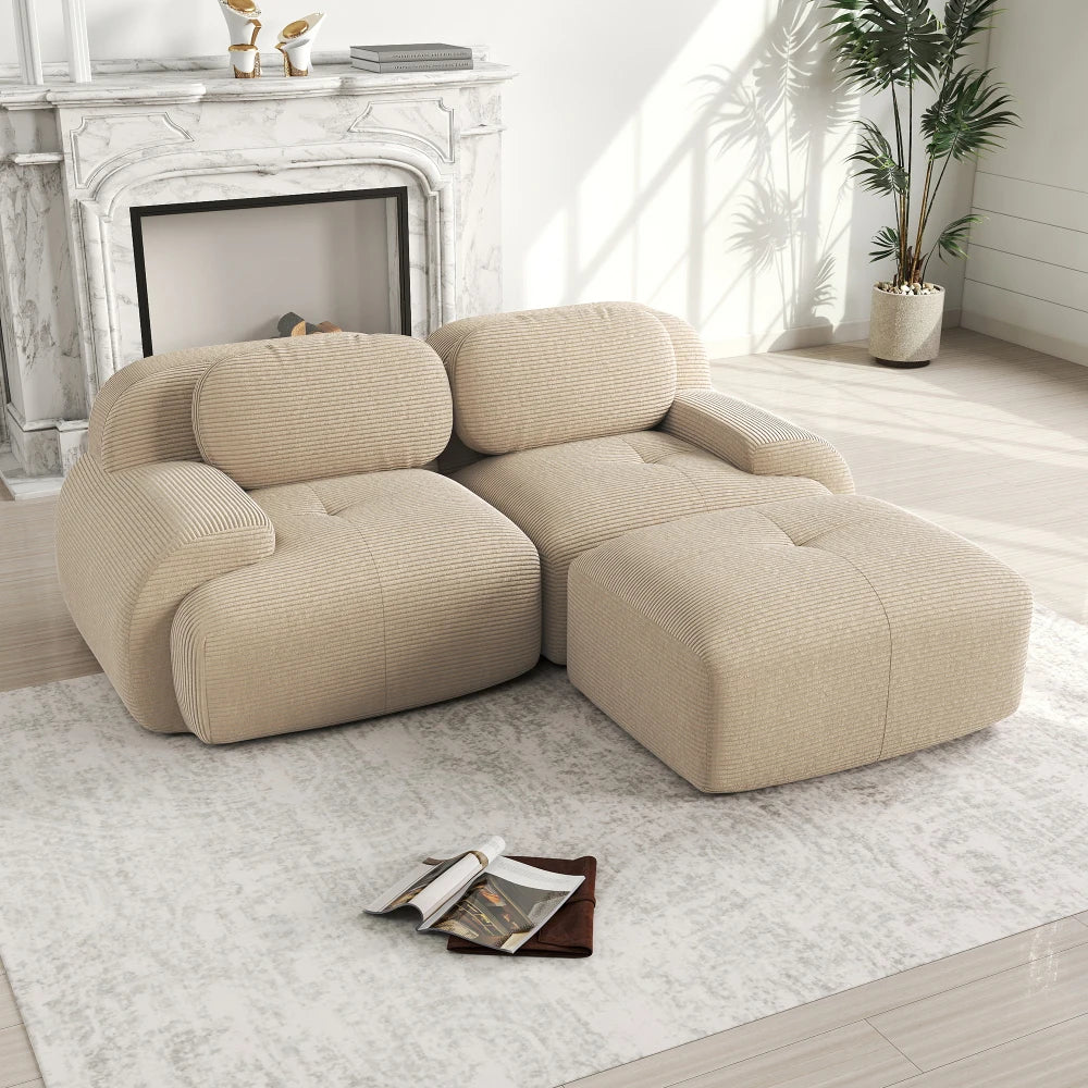 82'' Corner Sofa in Soft Cord Fabric, Modular Combined with Curved Armrests, Without Mounting, Highly Elastic Foam Upholstery
