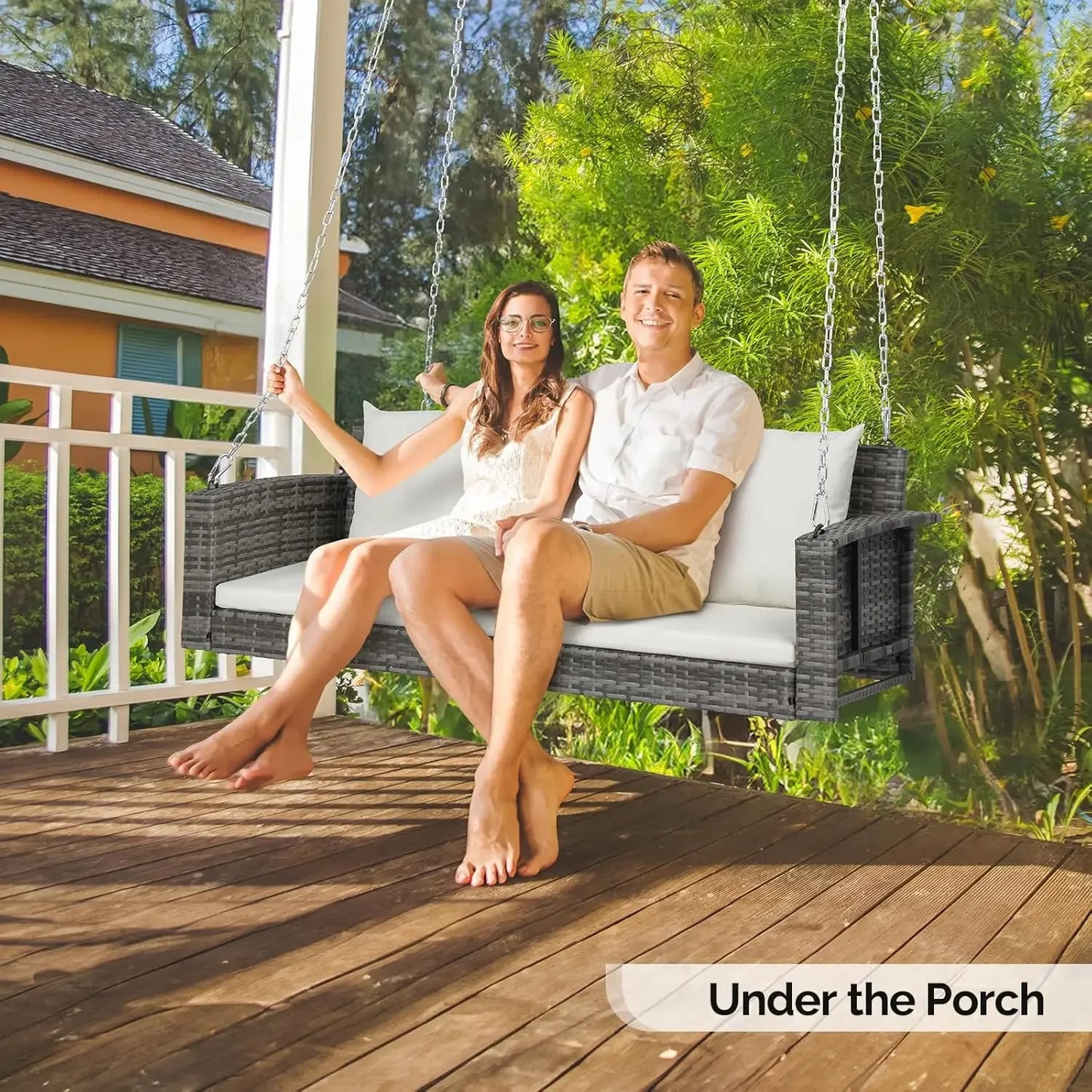 [XMSJ]Heavy Duty 800 LBS Wicker Hanging Porch Swing with Cushions & Chains, 5FT Outdoor Rattan Swing Bench for Garden, Yard, Law