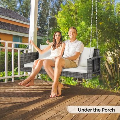 [XMSJ]Heavy Duty 800 LBS Wicker Hanging Porch Swing with Cushions & Chains, 5FT Outdoor Rattan Swing Bench for Garden, Yard, Law