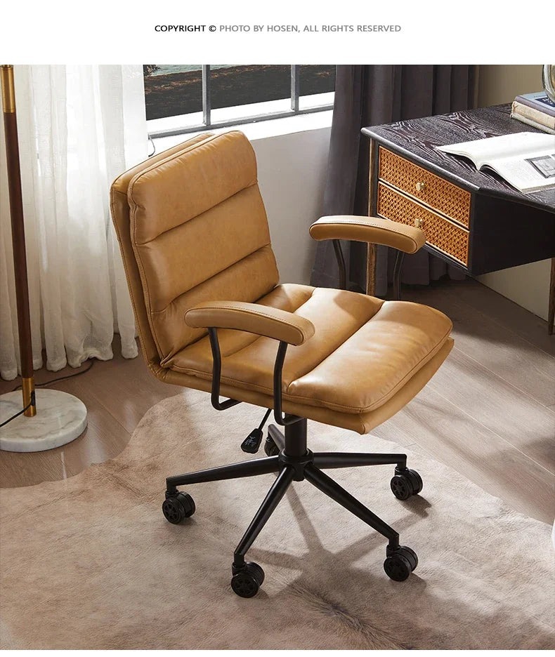 N Nordic Simple Leather Office Chair Home Comfortable Computer Swivel Chair Mid-Ancient Retro Iron Art Armchair