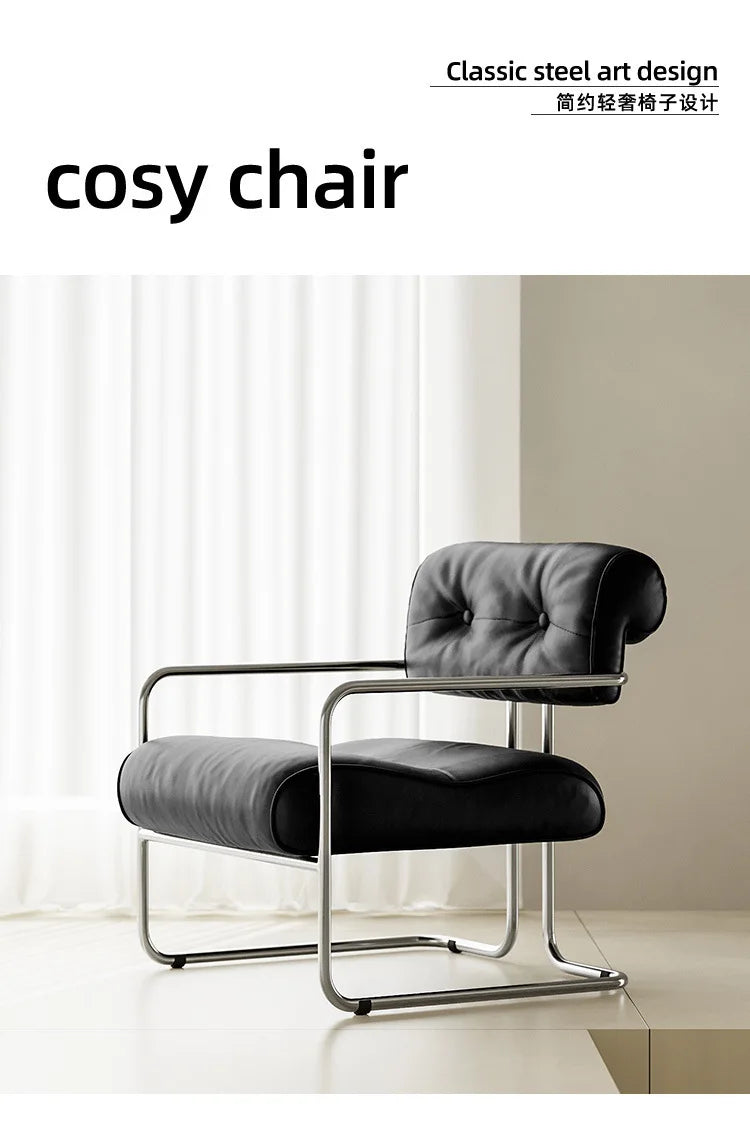 French light luxury stainless steel leather single sofa chair bedroom living room creative leisure chair cafe back dining chair
