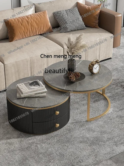 Rock slab coffee table round light luxury TV cabinet combination living room household marble size round