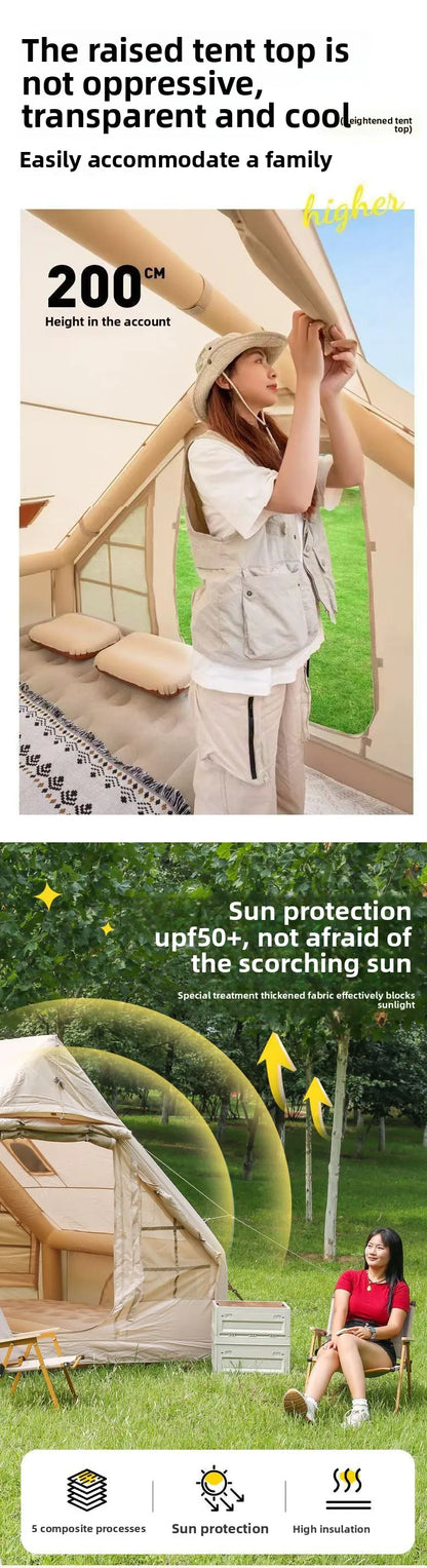Inflatable tent camping for 1-6 people, hand pump inflation large tent, with skylight and chimney waterproof oxford cloth all