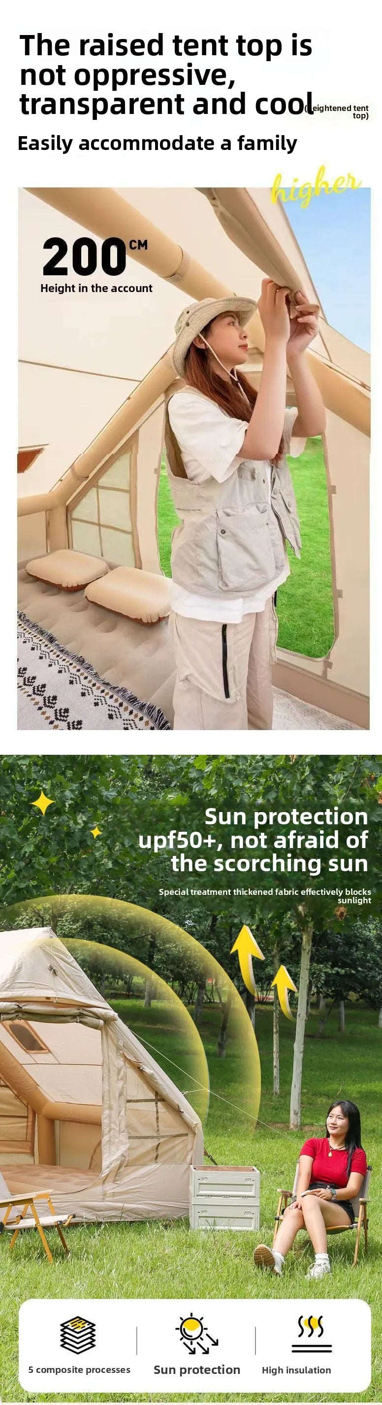 Inflatable tent camping for 1-6 people, hand pump inflation large tent, with skylight and chimney waterproof oxford cloth all