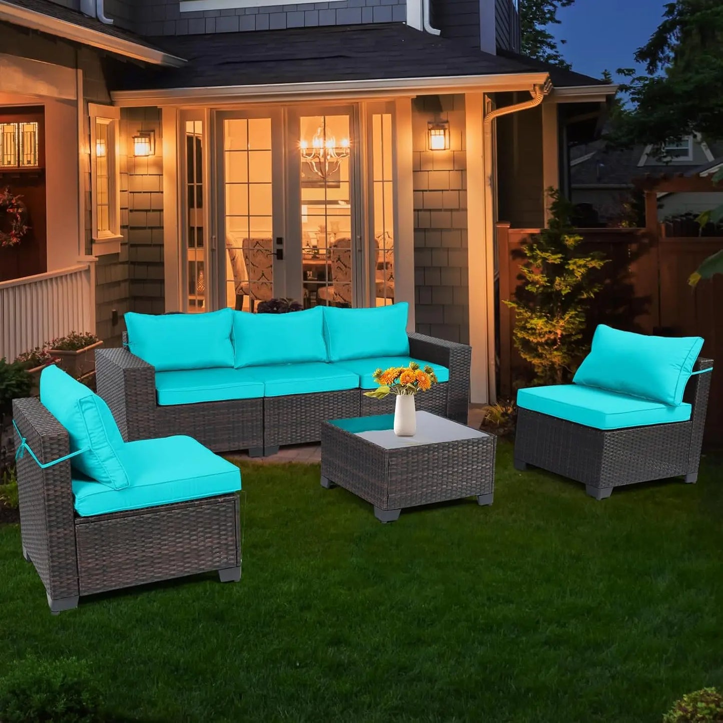 4 Pieces Patio Rattan Furniture Set, Outdoor Wicker Sofa Set with Tempered Glass Coffee Table, Cushions, All Weather Rattan Con
