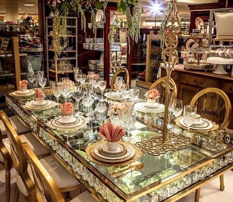 Modern Luxury Rectangle Gold Stainless Steel Banquet Table Crystal Glass Top Wedding Table for Wedding Event
