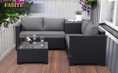 Outdoor PE Wicker Furniture Set 4 Piece Black Rattan Loveseat Couch Set With Storage Box Glass Top Table And Non-Slip Cushion