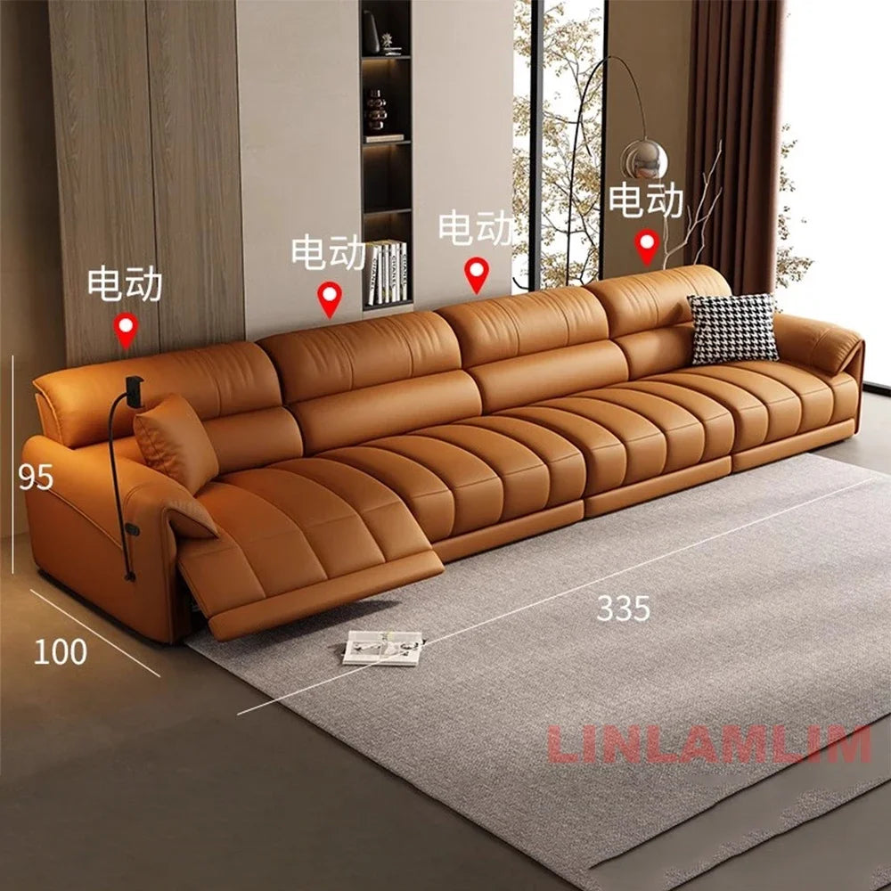 Modern Electric Reclining Sofa with Adjustable Footrest, USB, and Foldable Center Console – Italian Genuine Leather Power Sofa