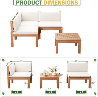 4 Pieces Outdoor Sectional Couch Patio Sectional Sofa with Acacia Wood Coffee Table, Outdoor L-Shaped Couch