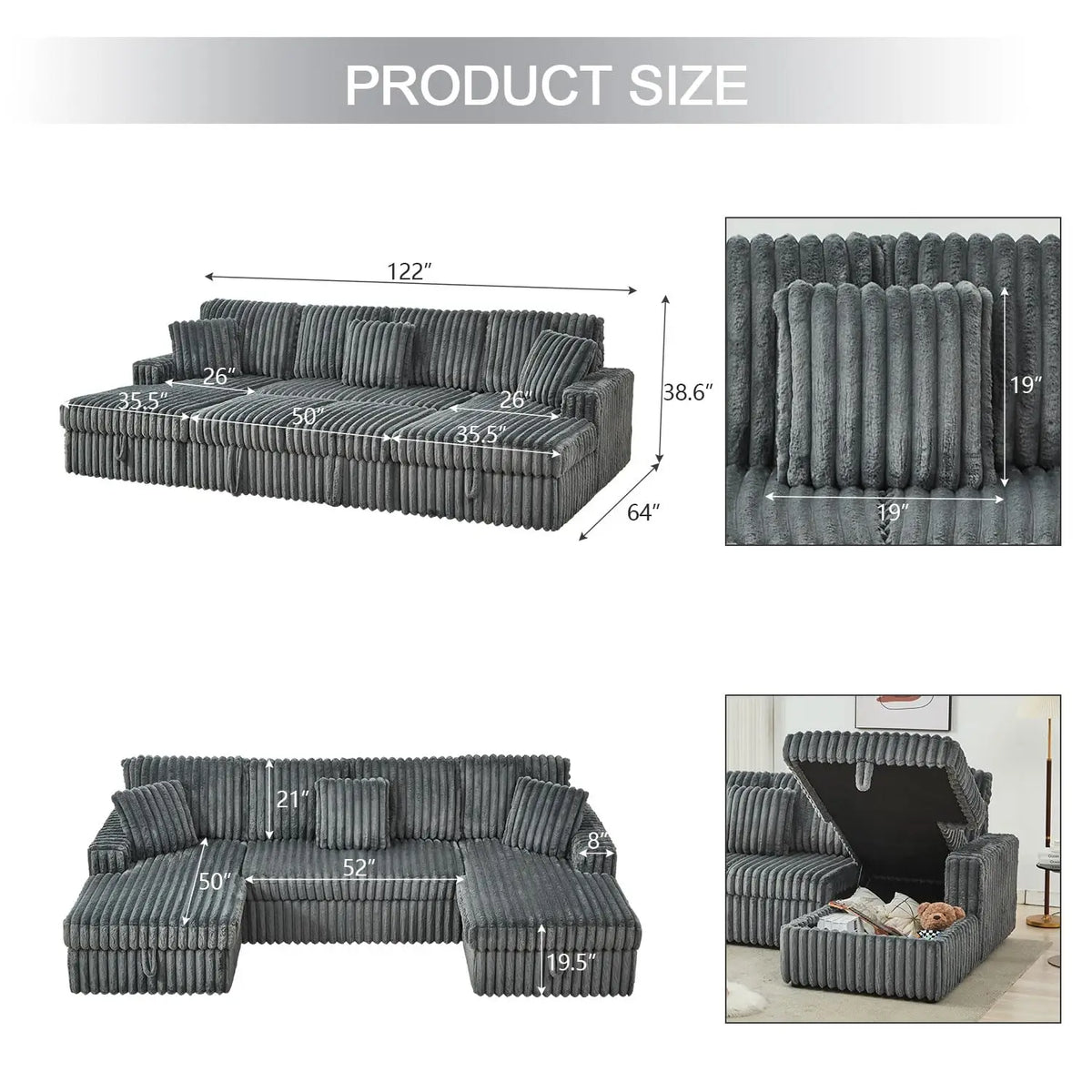 TODRANI 122 inch Overisze U Shaped Sleeper Sofa Pull Out Bed, Sleeper Sofa with Double Storage Chaise for Living Room