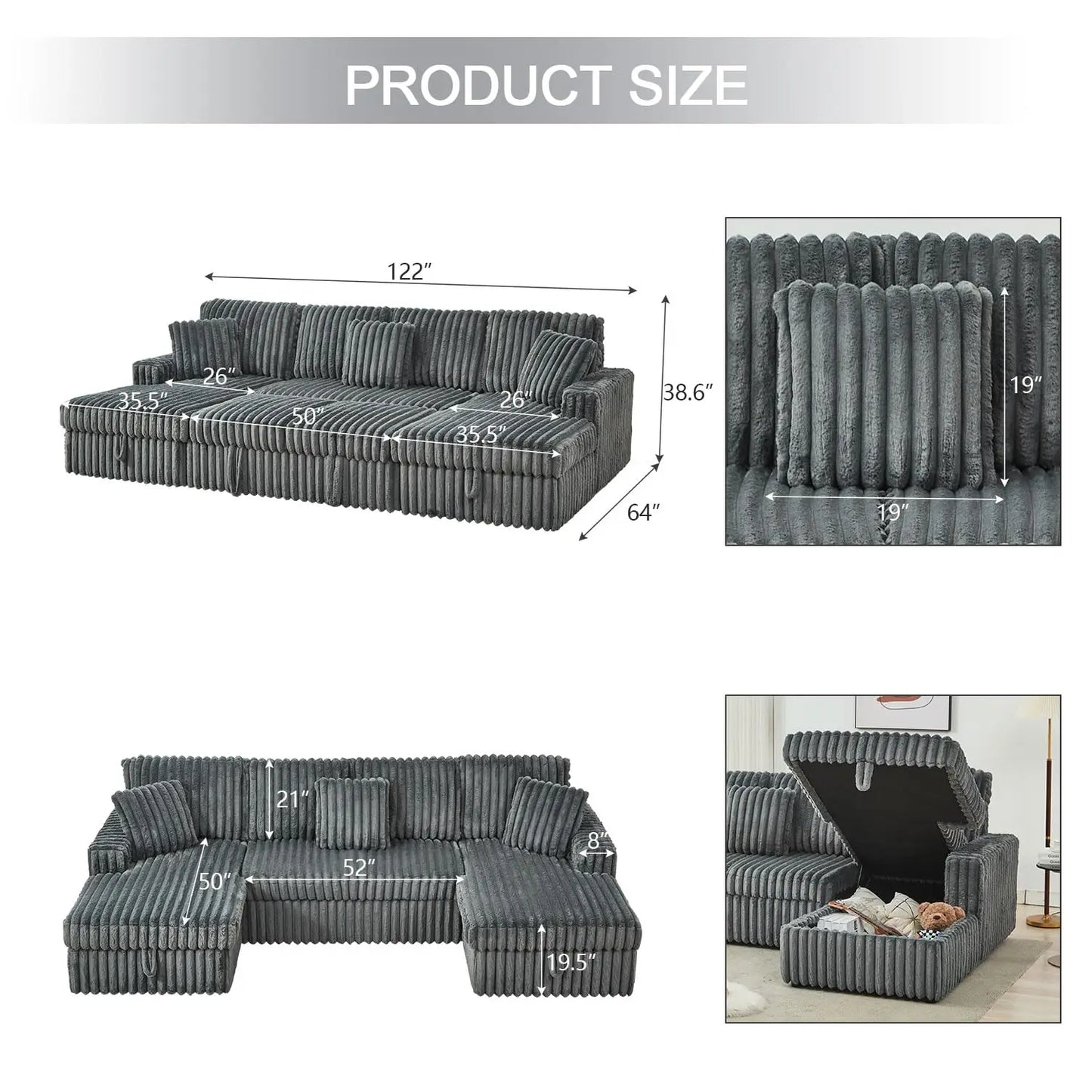 TODRANI 122 inch Overisze U Shaped Sleeper Sofa Pull Out Bed, Sleeper Sofa with Double Storage Chaise for Living Room