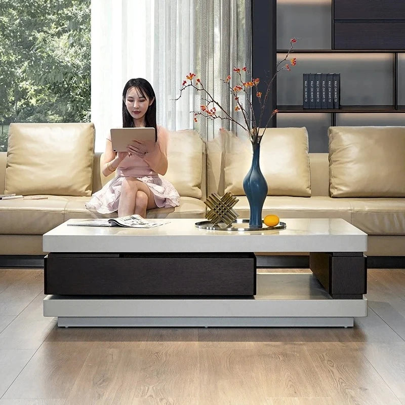 minimalist light luxury villa coffee table smoked wood color baking paint rotating storage modern simplicity