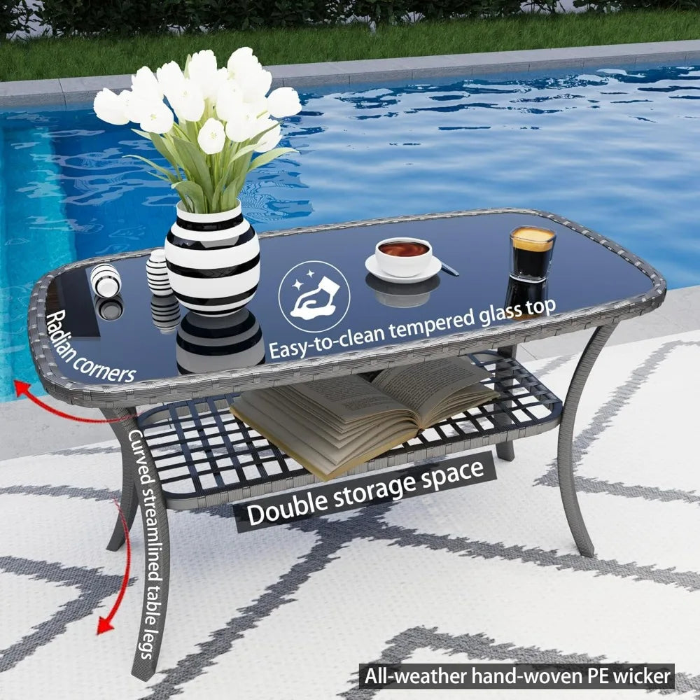 4 Pieces Outdoor Patio Furniture Set,PE Rattan Wicker Garden Conversation Chairs with Tempered Glass Table and Soft Cushions