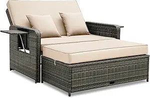 Wicker Patio Outdoor Daybed - Rattan Day Bed Lounger with Loveseat & Storage Ottoman, Sunbed Sofa Set w/Cushions, 4-Level Adjus