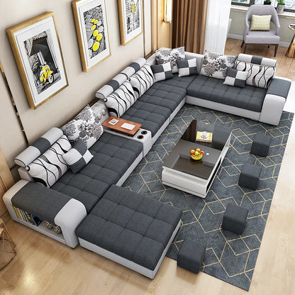 Modern Fabric Sofa Set Furniture Living Room Sofa Set with USB and Stools U Shape Cloth Couch Sofas for Home Furniture 1903