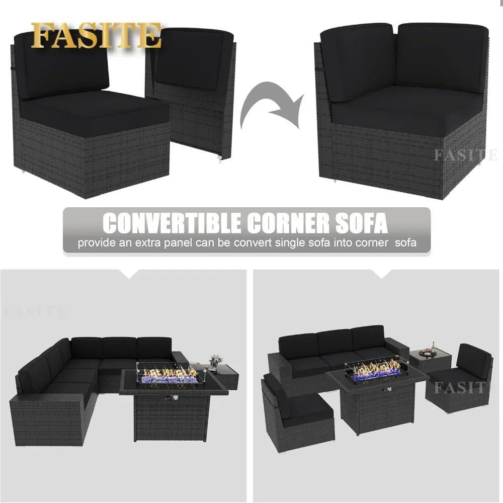 7-Piece Outdoor Patio Furniture with 44-inch Fire Pit Table Rattan Sectional Sofa Conversation Set