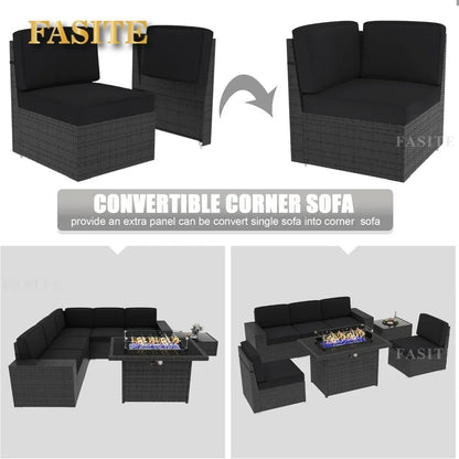 7-Piece Outdoor Patio Furniture with 44-inch Fire Pit Table Rattan Sectional Sofa Conversation Set