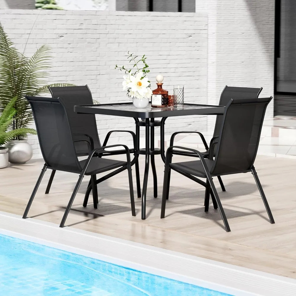 TLSUNNY Patio Dining Set 5 Pieces, All Weather Outdoor Furniture W/30X 30 Table and 4 Stackable Textilene Chairs, Metal Table an