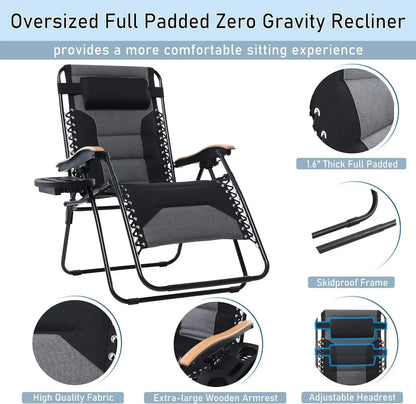 Foldable Patio Recliner, Oversized Padded Zero Gravity Chair, 30" Wide Seat Anti Gravity Lounger