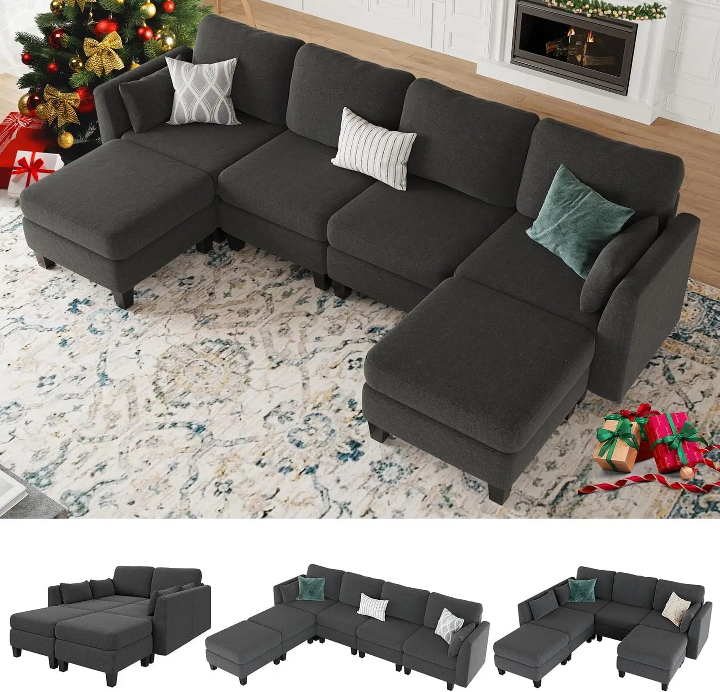 Convertible U Shaped Sofa Couch with High Density Memory Foam, 6 Seat Comfy Modular Sofa Couch for Living Room