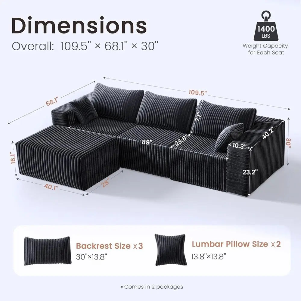 Customized.110” No Assembly Compression Boneless Sofa Couches for Living Room, L-Shape Sleeper Sofa 4 Seaters, Modern Corduroy