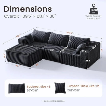 Customized.110” No Assembly Compression Boneless Sofa Couches for Living Room, L-Shape Sleeper Sofa 4 Seaters, Modern Corduroy