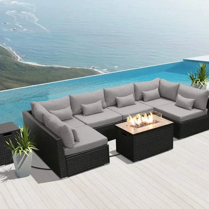 Fire Table Set Sectional Outdoor Furniture Propane Firepit Dark Brown Rattan Outdoor Sofa Set (with a rectangular/square table)