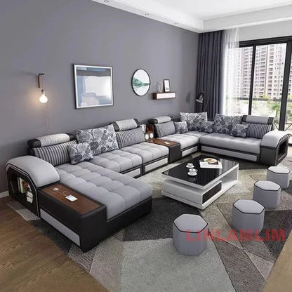 Linlamlim U-Shaped Sectional Fabric Sofa Set - Modern Living Room Furniture with Storage, Built-in Side Table, USB, and Cushions