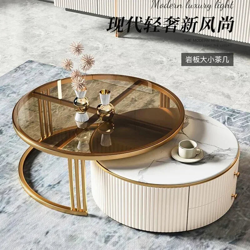 a163  round Glass Stone Plate Coffee Table Modern Minimalist Living Room Home Retractable Size Combination
