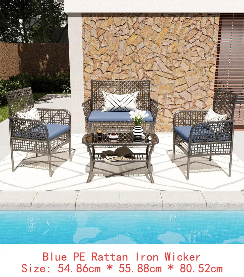 4-Pc Outdoor Patio Furniture Set, PE Rattan Wicker Garden Conversation Chairs with Tempered Glass Table & Soft Cushions for