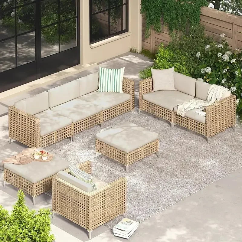 Piece Patio .Rattan Gray Wicker Outdoor Sectional Furniture Chair Set with