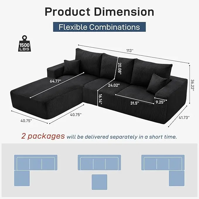 Luxury Sectional Cloud Boneless Sofa Couches | 113'' 3 Seater U-Shaped Modern Lounge Couch | No Assembly Modular for Living Room