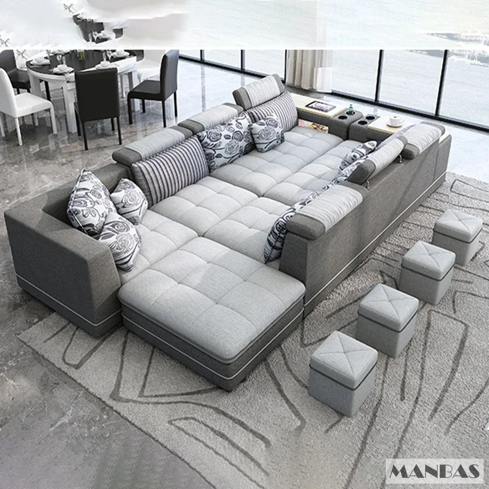 MANBAS Modern U-Shaped Fabric Sectional Sofa Set with Storage, Cup Holders, Speaker, USB, Bookshelf and Stools for Living Room