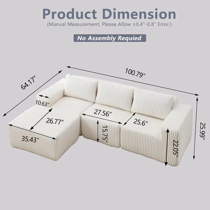 Luxury L-Shaped Modular Sofa – Boneless Cloud Couch with Corduroy Fabric, Memory Foam Support & No-Assembly for Living Room