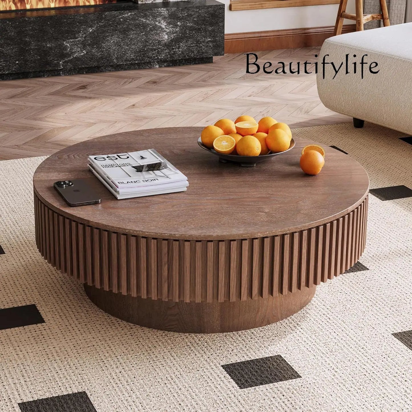 SS Modern Wooden Coffee Table Round Black With Solid Wood Veneered, Circle Center Table Accent Tea Table For Living Room Apartme