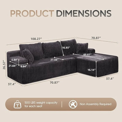 108'' L-Shape Memory Foam Modular Sectional Sofa Couch 3 Seat Living Room Furniture Set