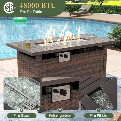 8 Piece Patio Furniture Set with 44” Fire Pit Table Wicker Rattan Outdoor Sectional Sofa Set with Coffee Table and Thickened Cu