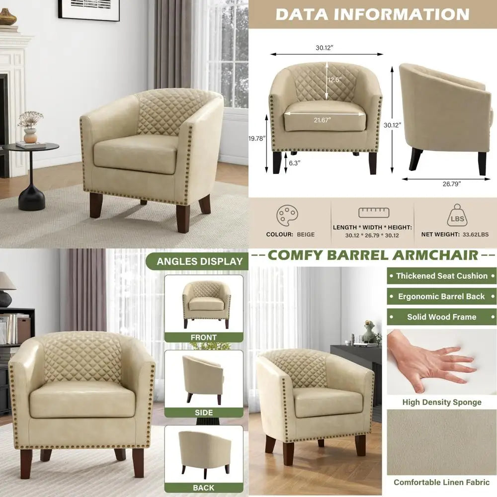 Modern Comfortable Round Arm Accent Chair for Living Room, Bedroom - Upholstered Barrel Club Chair with Faux Leather