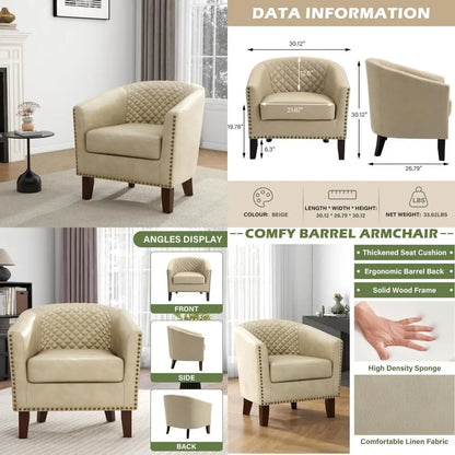 Modern Comfortable Round Arm Accent Chair for Living Room, Bedroom - Upholstered Barrel Club Chair with Faux Leather
