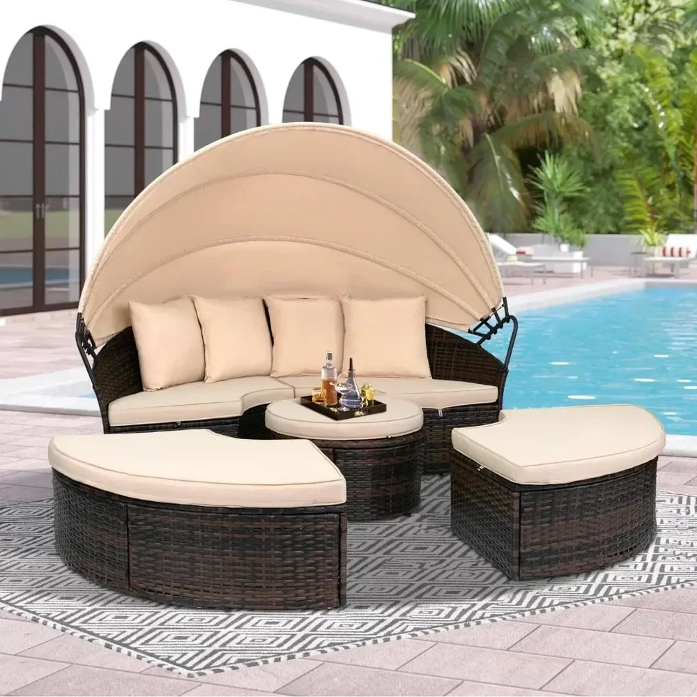 z Outdoor Terrace Canopy Bed with Washable Soft Cushion, Clamshell Shaped Segmented Seats, Suitable for Backyard, Porch, (brown)