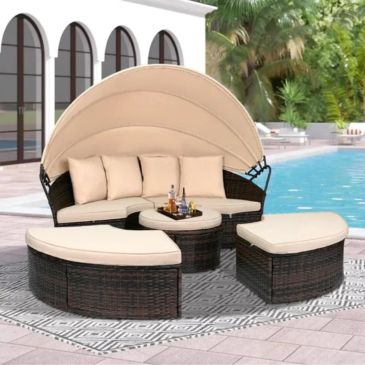 z Outdoor Terrace Canopy Bed with Washable Soft Cushion, Clamshell Shaped Segmented Seats, Suitable for Backyard, Porch, (brown)